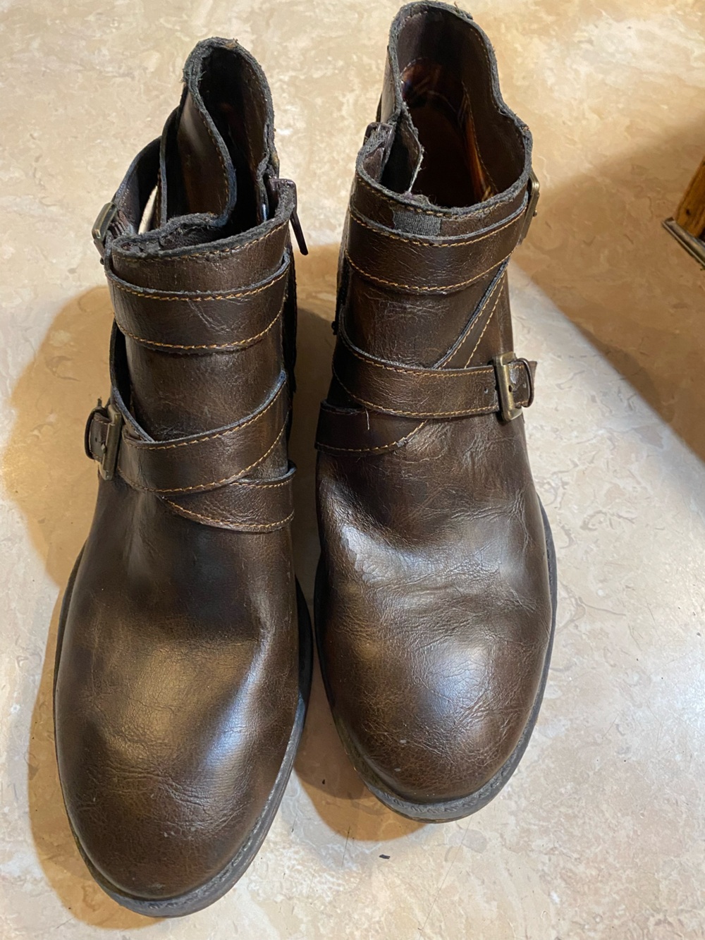 boc Dark Brown Leather Ankle Booties with Buckle Straps